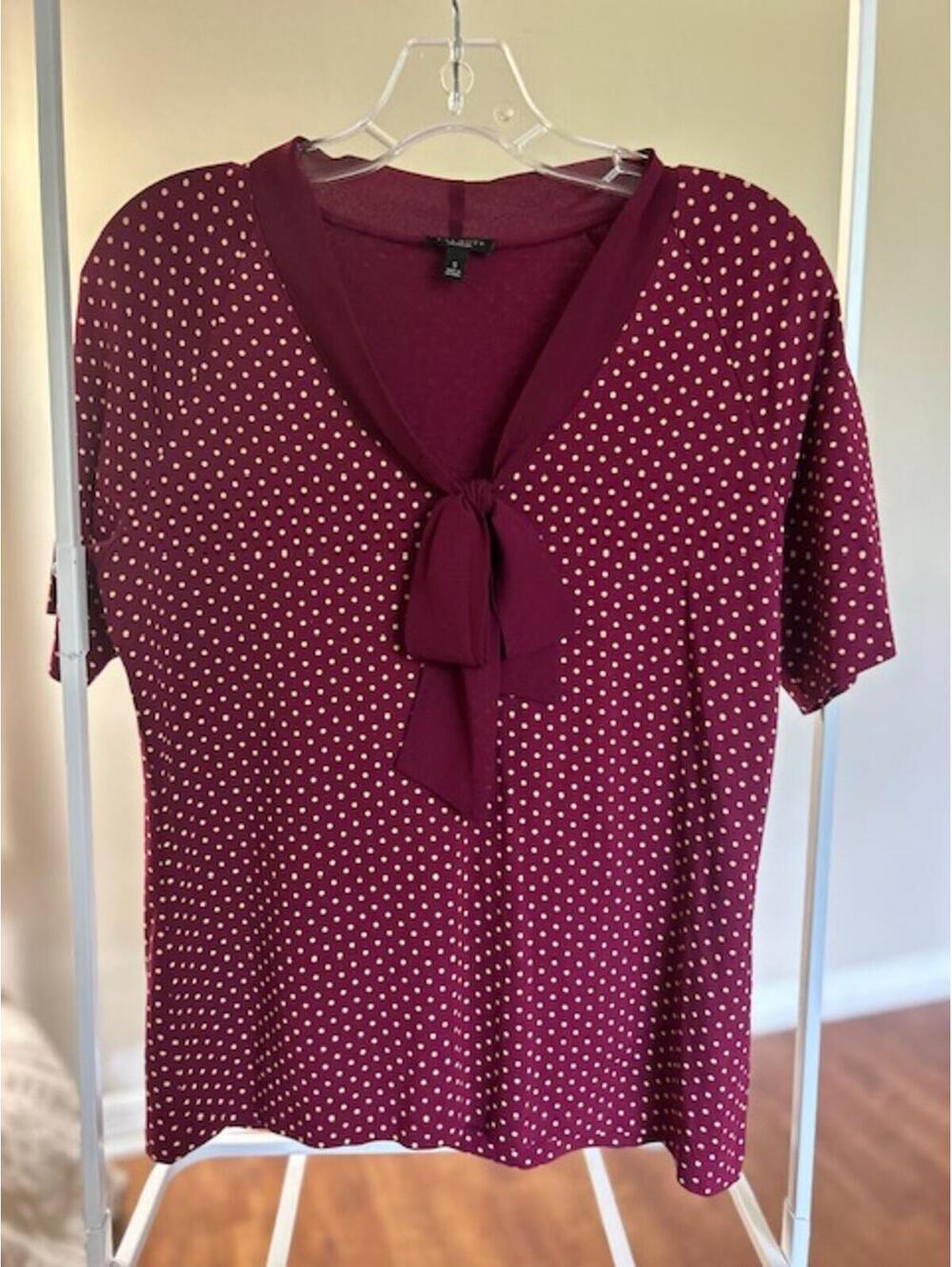 Talbots Burgundy Polka Dot Tie Neck Top Size Small